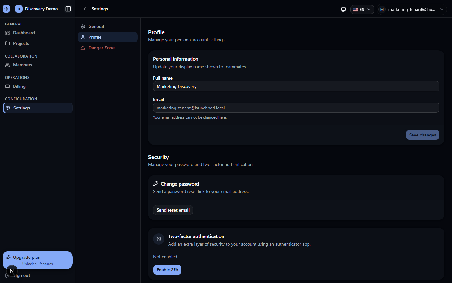 Настройки безопасности профиля с auth controls